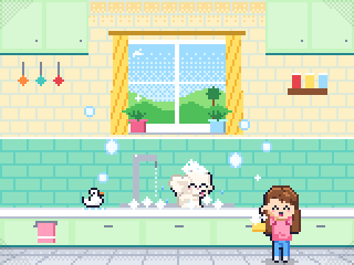 First Bath: First bath. A wet kitchen and a fluffy pup.
